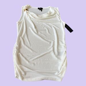 Donna Karan New York Party Tank Top Womens L White Ruched Metal Detail Cowl Neck